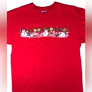 Unisex adult Red short sleeve cotton t shirt with peanuts Christmas graphic